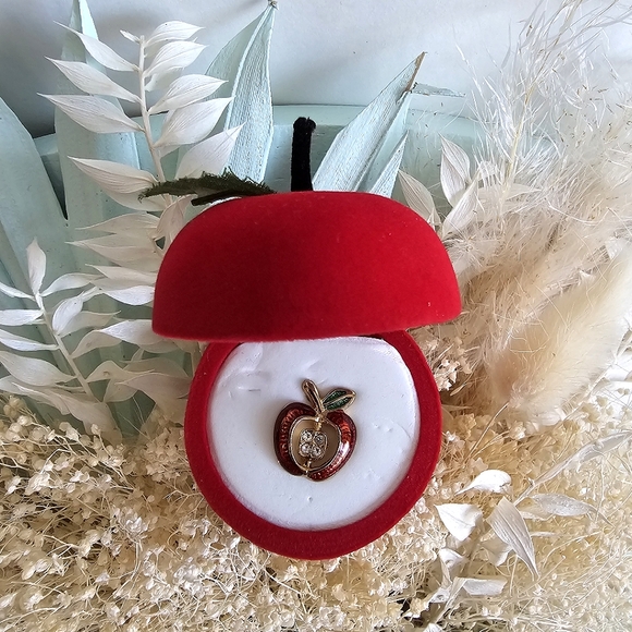 Red Apple Lapel Hat Jacket Pin With Four Clear Rhinestone Seeds, Original Box - Picture 6 of 8